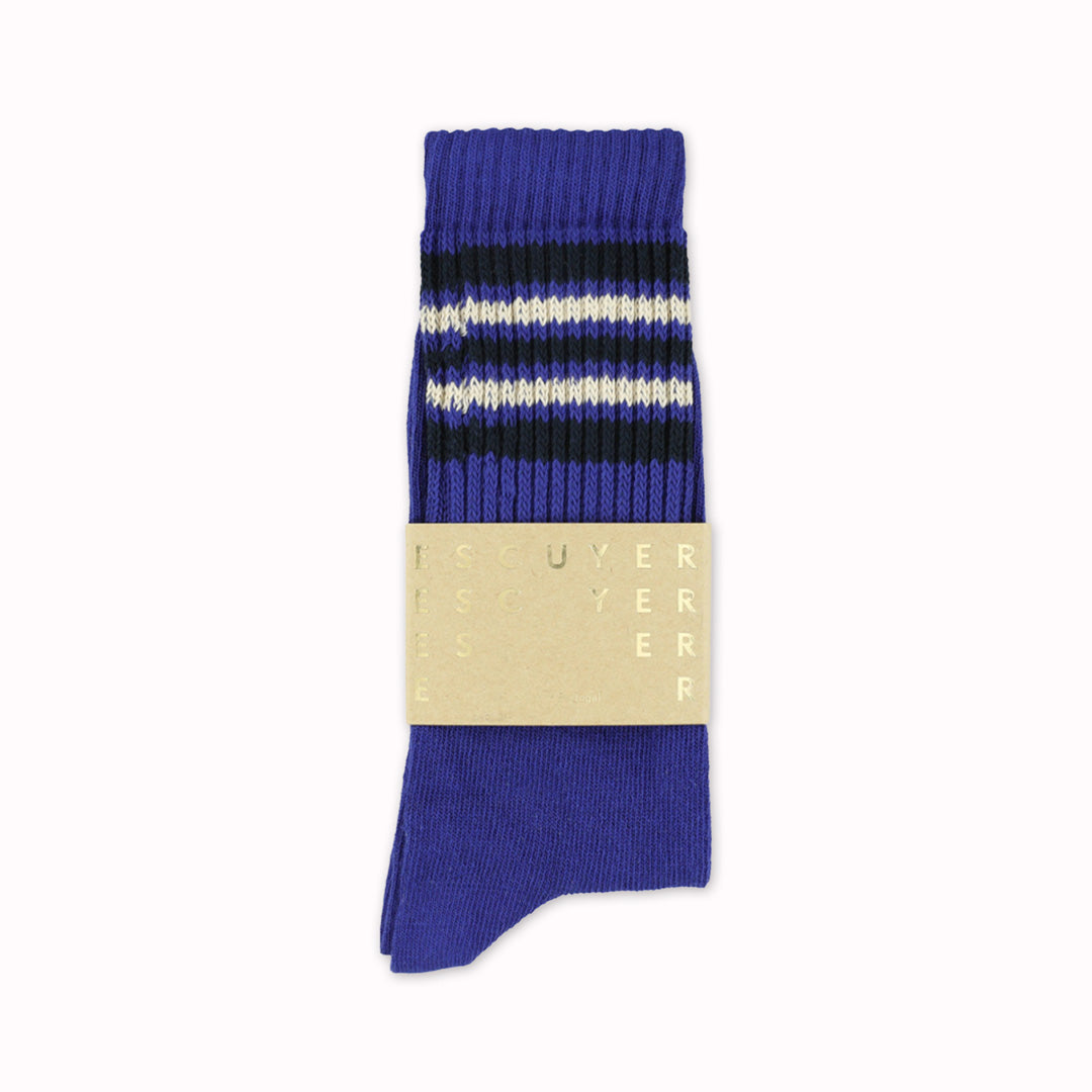 5 Stripe Crew Socks | Blue, Ecru + Navy | UK6-10.5