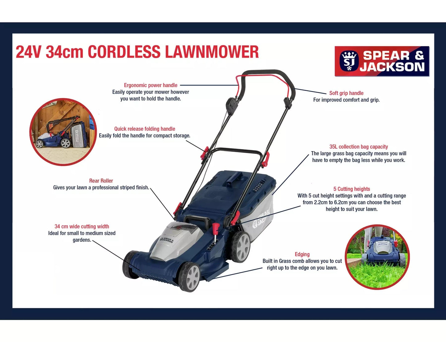Spear & Jackson S2434CR 34cm Cordless Rotary Lawnmower - 24V