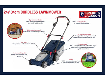 Spear & Jackson S2434CR 34cm Cordless Rotary Lawnmower - 24V