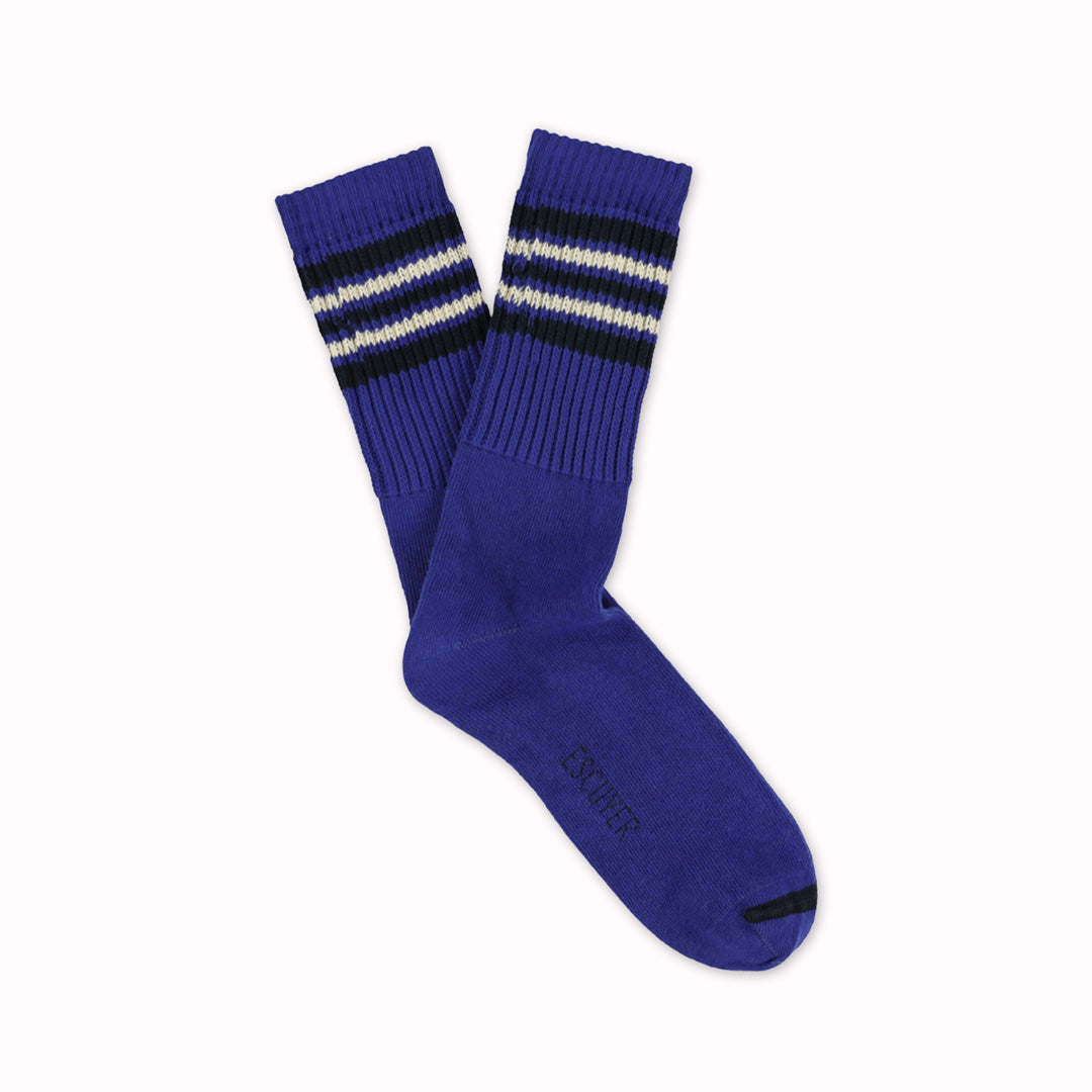 5 Stripe Crew Socks | Blue, Ecru + Navy | UK6-10.5