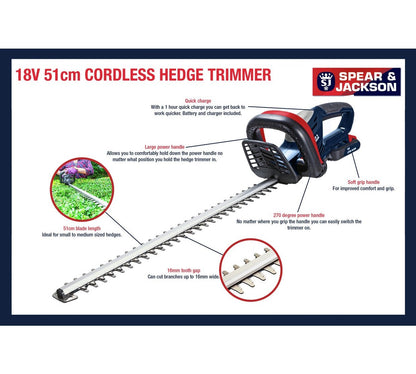 Spear & Jackson S1851CH2 51cm Cordless Hedge Trimmer - 18V (No Battery, No Charger)